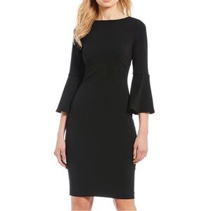 MOVING! Black Calvin Klein Dress 3/4 Bell Sleeve Boat Neck Sheath Dress Size 8